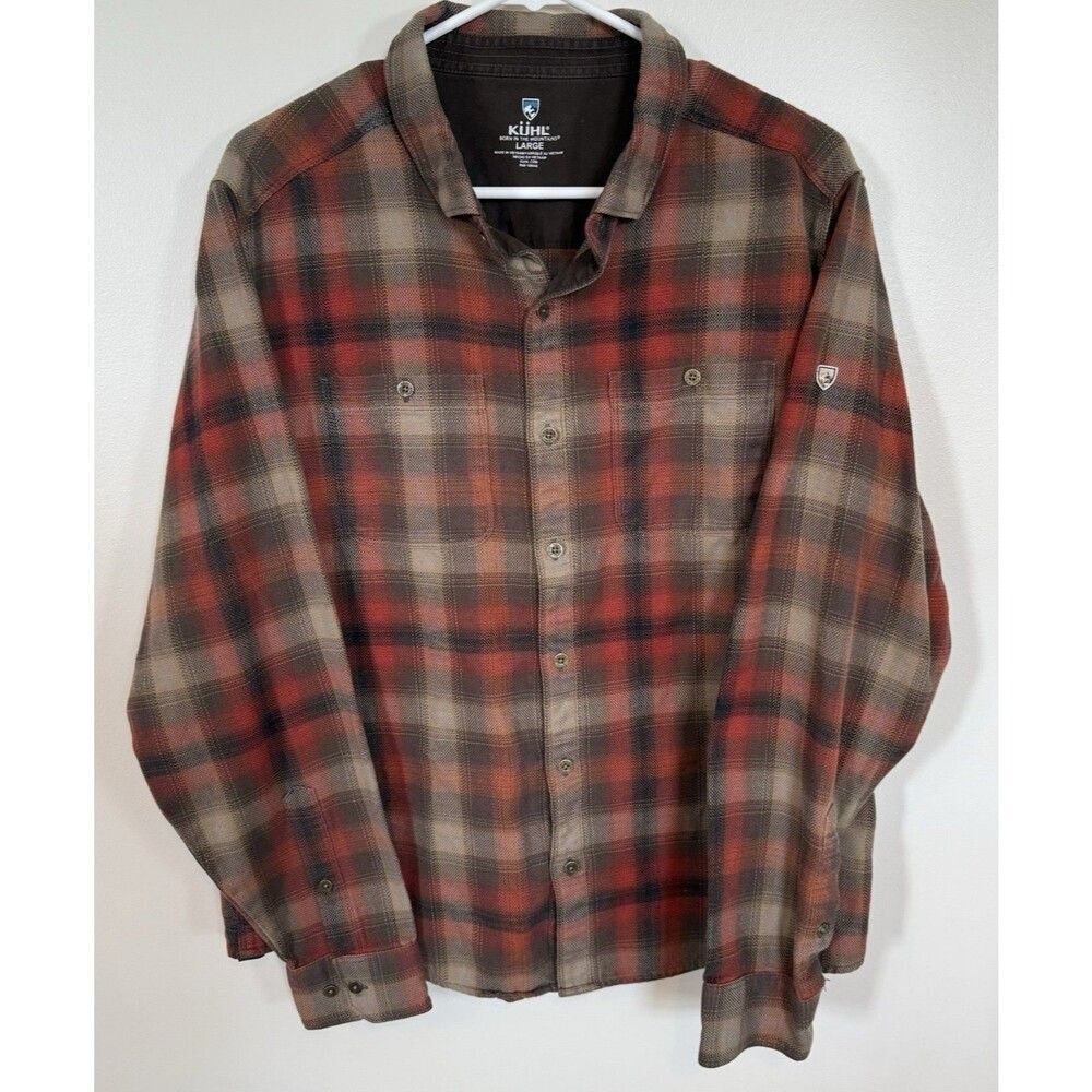 Kuhl Men's Size L Law Flannel Long Sleeve Shirt Brown Orange Cotton Tencel EUC *